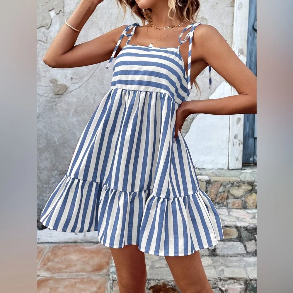 Tied sleeve striped pink white mini smock dress boho preppy - Picture 2 of 3